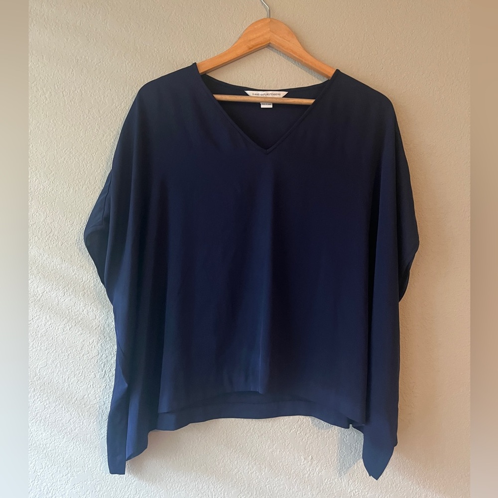 Diane Von Furstenberg Deep Blue V-Neck Blouse Petite